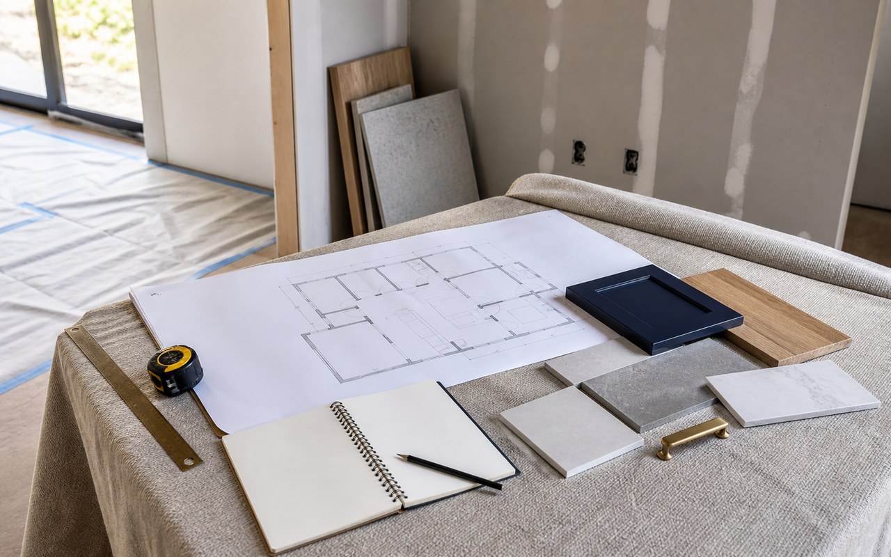 Mesa de planeamento de remodelação com planta, amostras de materiais e instrumentos de medição