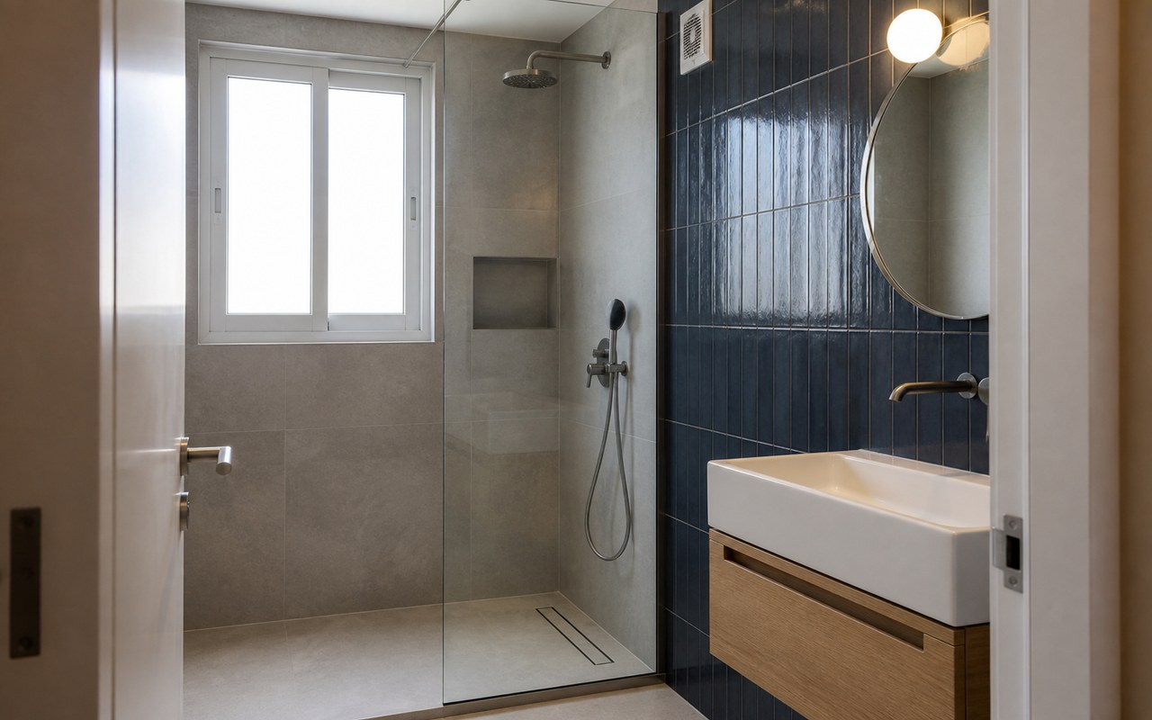 Casa de banho compacta renovada com duche, móvel em madeira e revestimento azul