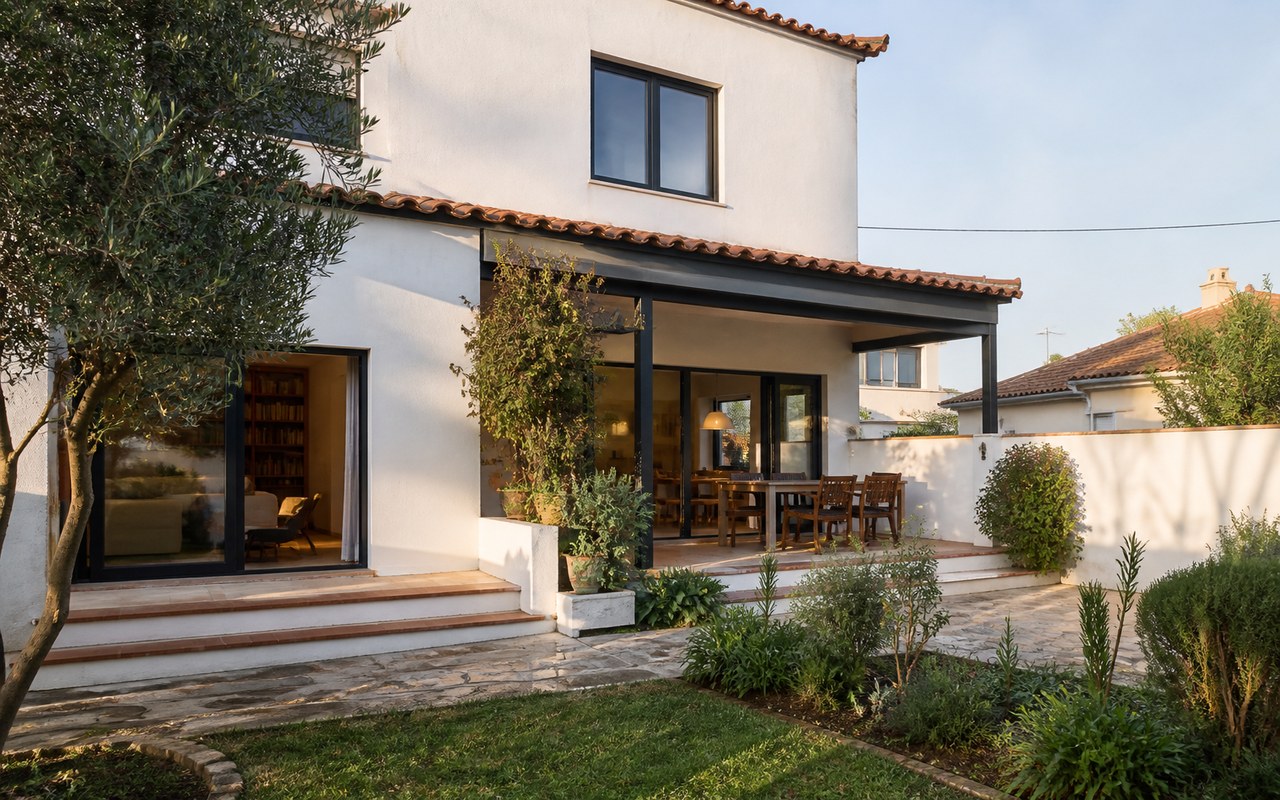 Moradia portuguesa renovada com ligação entre o interior, o terraço e o jardim