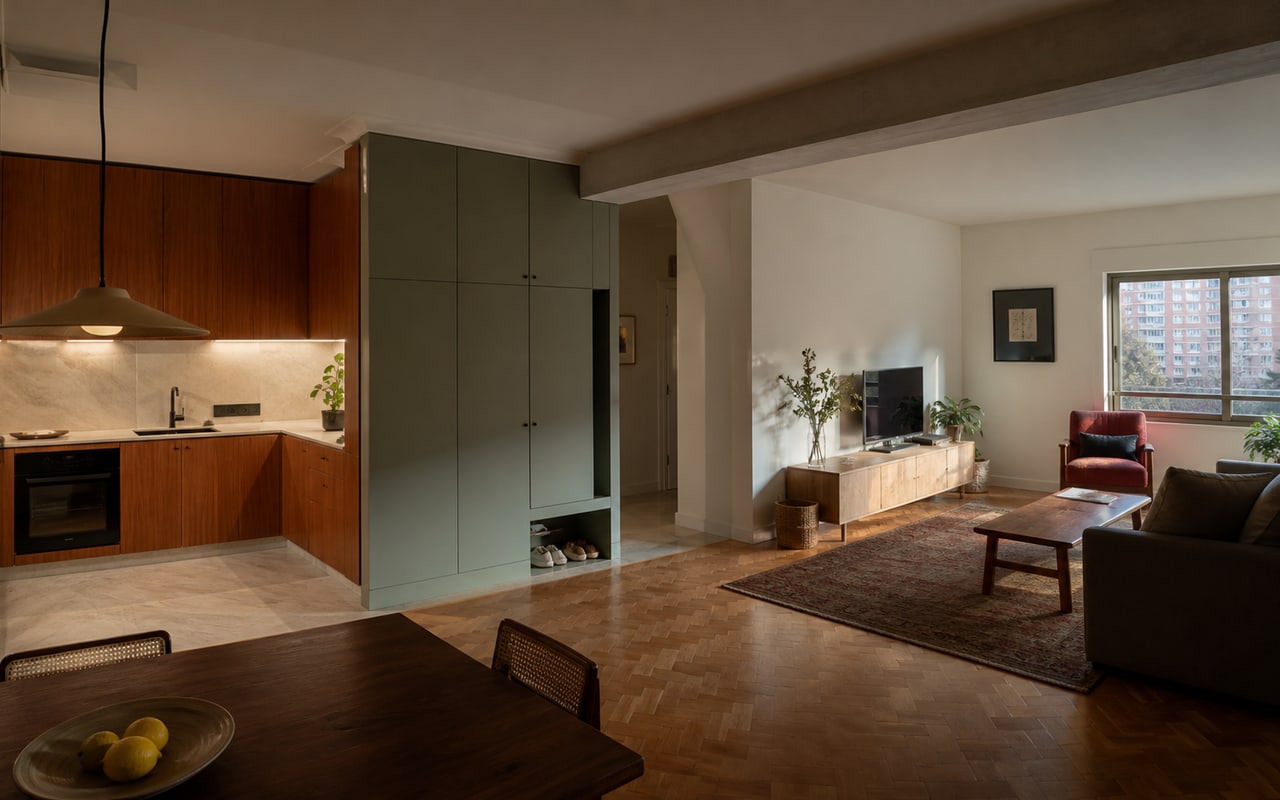 Apartamento renovado com cozinha, sala e circulação organizadas como um conjunto