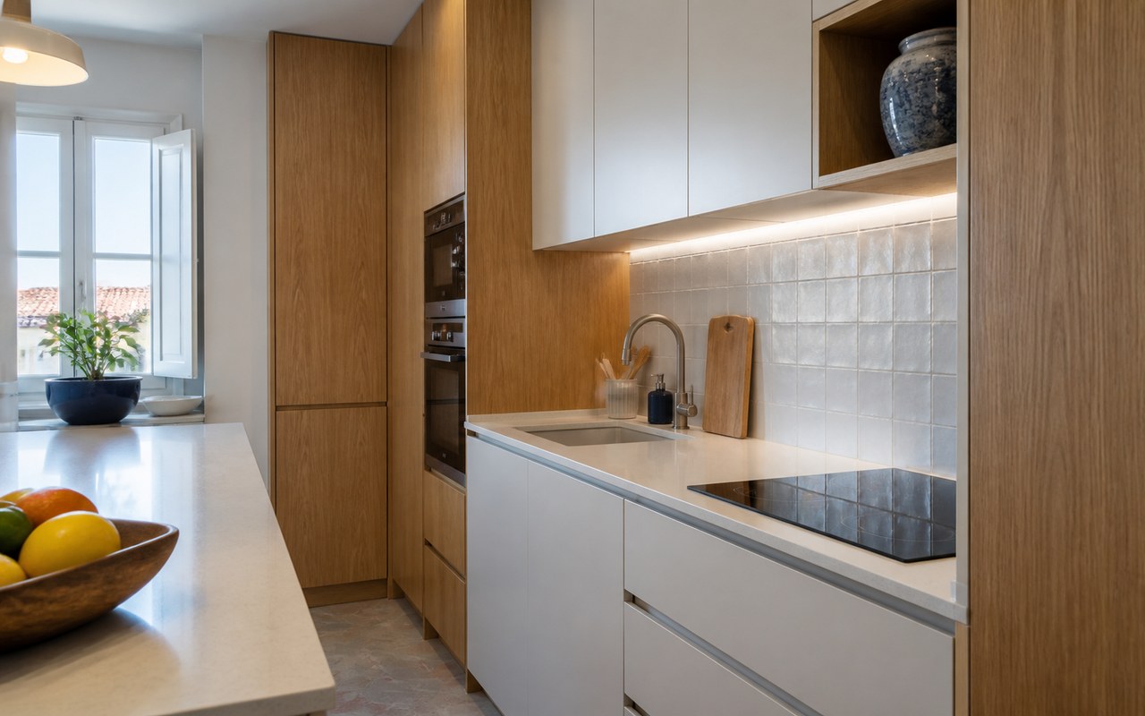 Cozinha compacta renovada com mobiliário em madeira, bancada em pedra e cerâmica azul