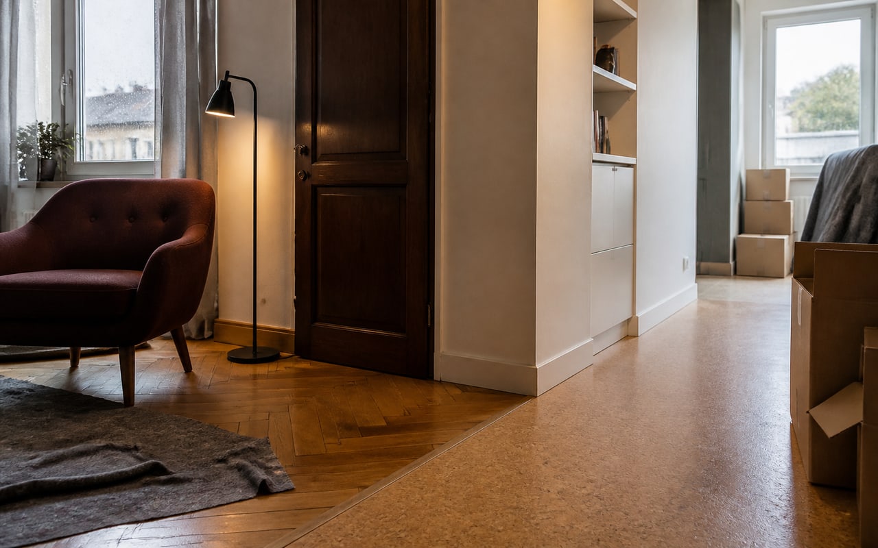 Transição entre uma sala preservada e uma zona renovada com pavimento em cortiça