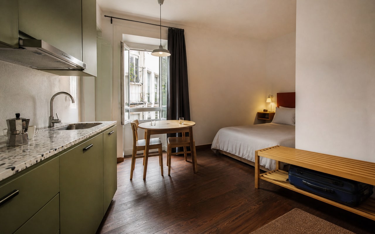 Estúdio compacto em Lisboa com kitchenette verde, zona de refeições e arrumação funcional