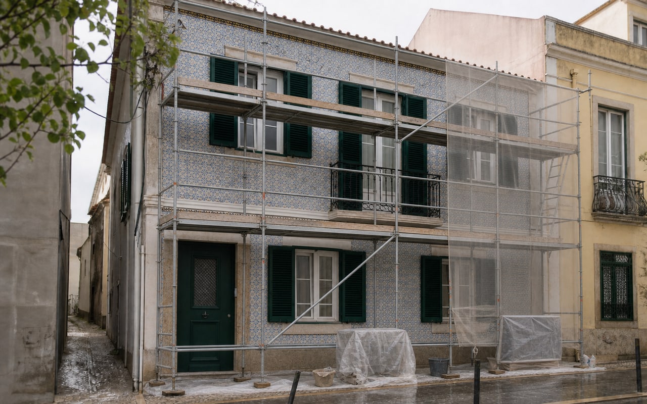 Fachada portuguesa em azulejo azul com proteção de obra e intervenção localizada