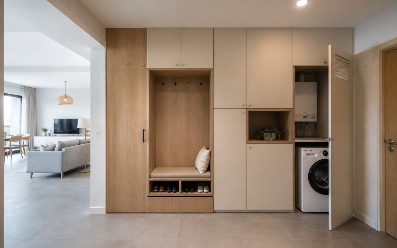 Parede de arrumação integrada com banco, módulos fechados e zona de apoio num apartamento