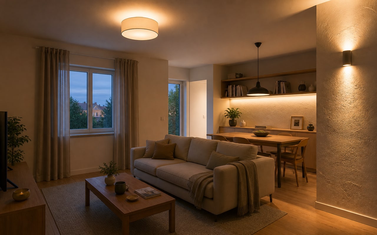 Sala e zona de refeições com iluminação geral, de tarefa e de realce em diferentes pontos