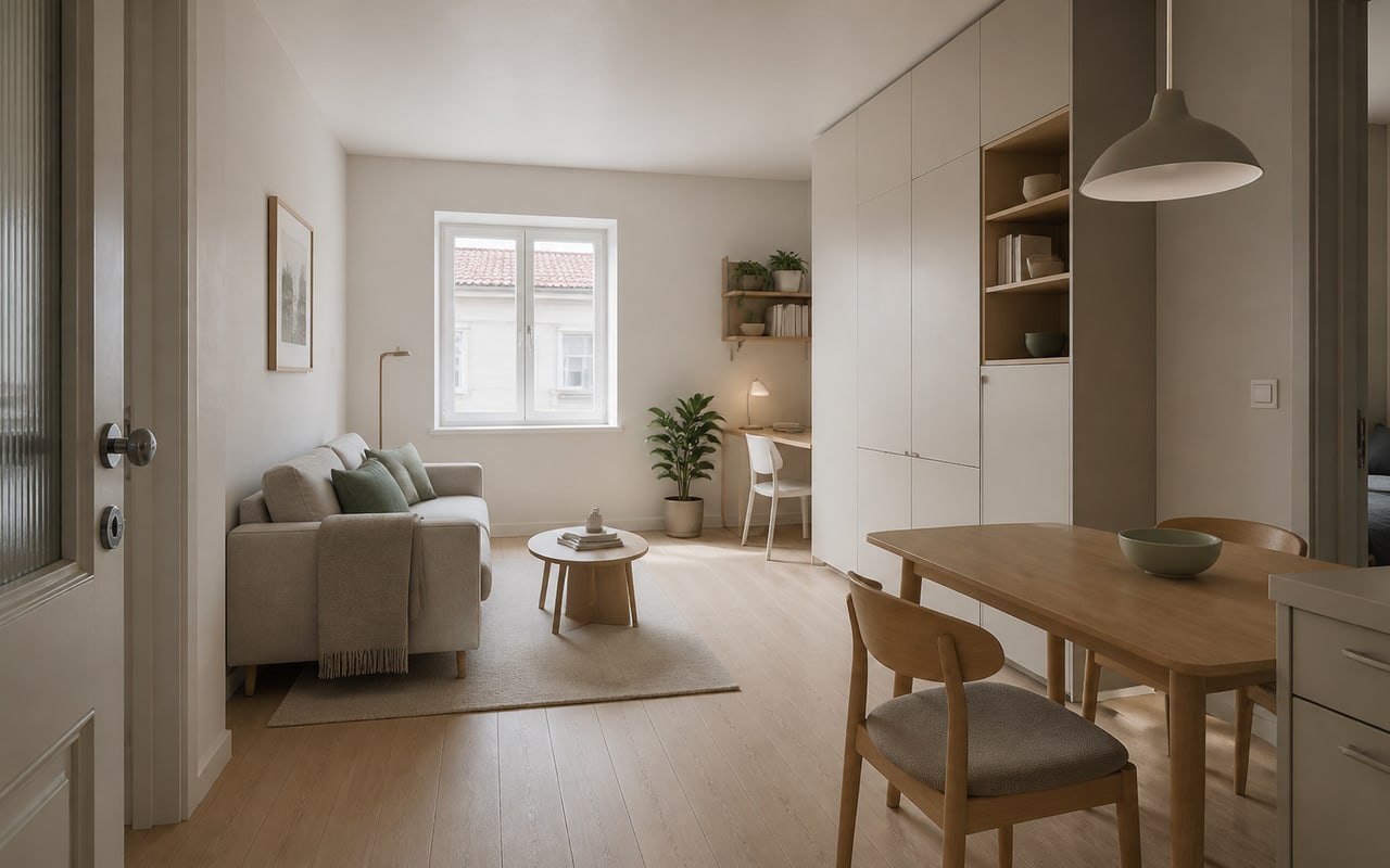 Apartamento claro com madeira pálida, tons neutros e arrumação discreta integrada
