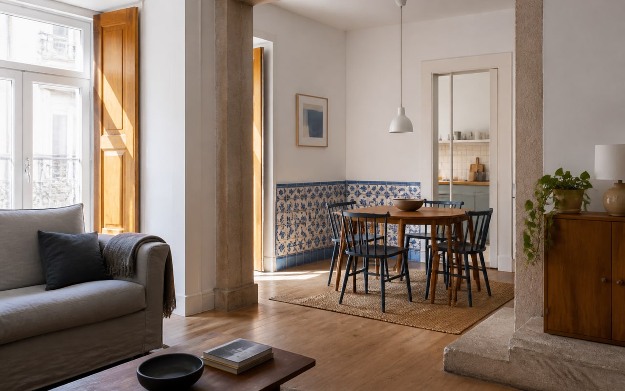 Sala de apartamento português com madeira, pedra clara, azulejo azul e luz natural