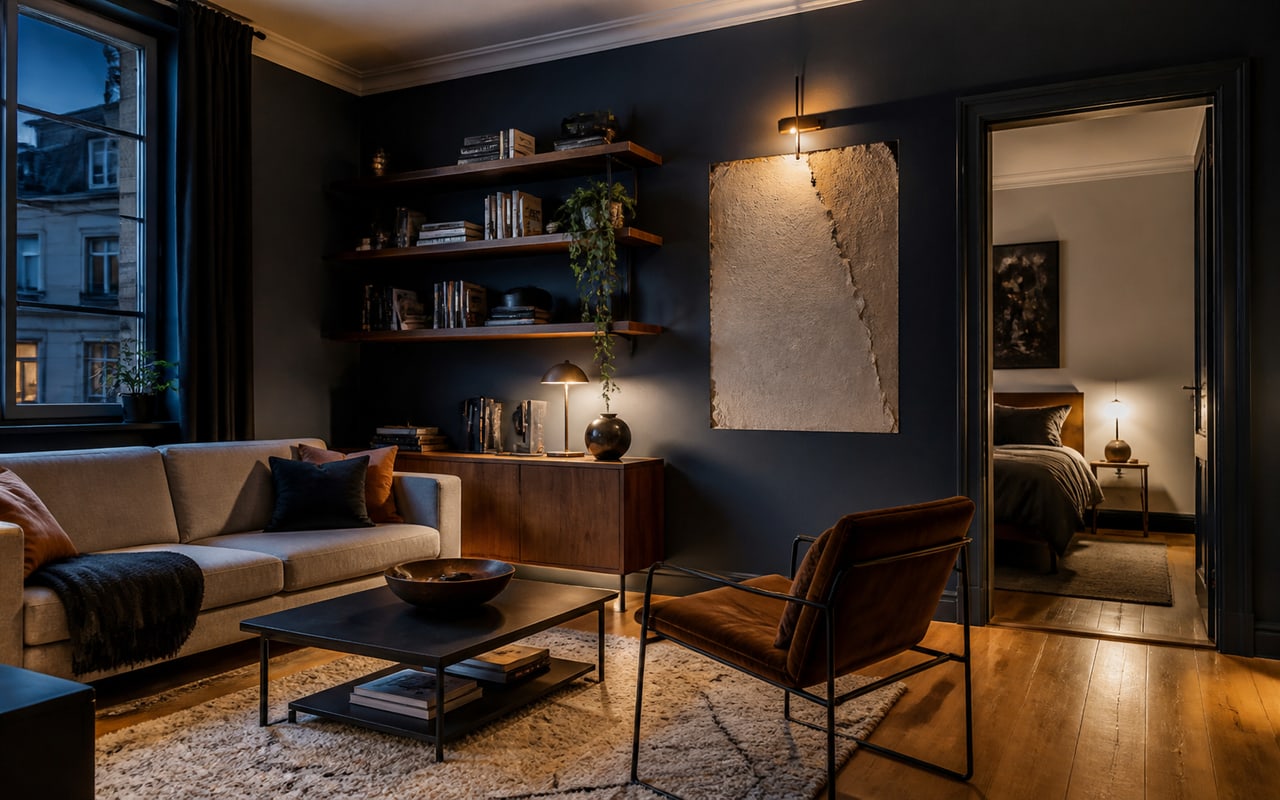 Sala urbana com parede azul-escura, madeira de nogueira, metal e iluminação quente